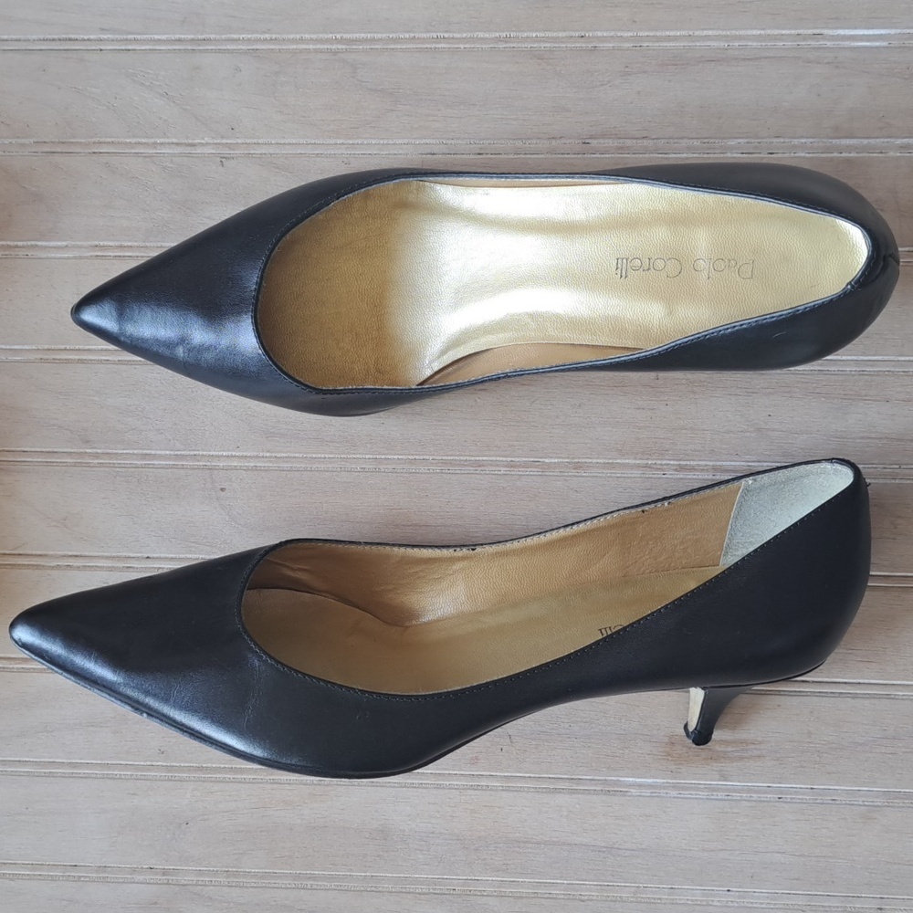 "Paolo Corelli Black Leather Pointed Toe Short Stiletto Heel Pumps Minimistic